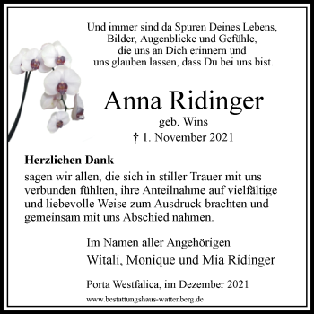 Traueranzeige von Anna Ridinger von Westfalen-Blatt