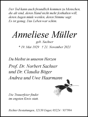 Traueranzeige von Anneliese Müller von Westfalen-Blatt