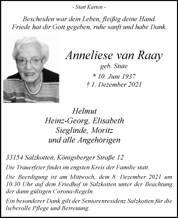 Traueranzeige von Anneliese van Raay von Westfalen-Blatt