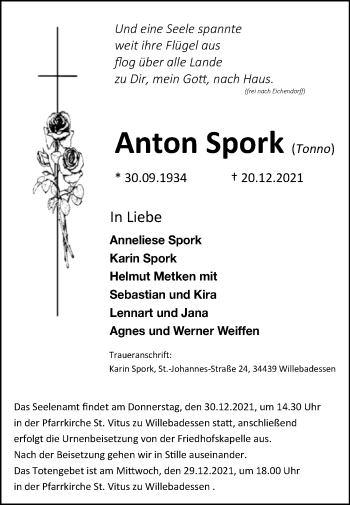 Traueranzeige von Anton Spork von Westfalen-Blatt