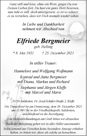 Traueranzeige von Elfriede Bergmeier von Westfalen-Blatt