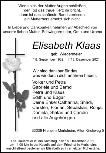 Traueranzeige von Elisabeth Klaas von Westfalen-Blatt