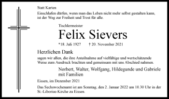 Traueranzeige von Felix Sievers von Westfalen-Blatt