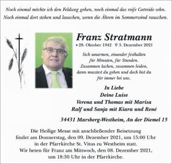 Traueranzeige von Franz Stratmann von Westfalen-Blatt