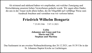 Traueranzeige von Friedrich Wilhelm Bongartz von Westfalen-Blatt