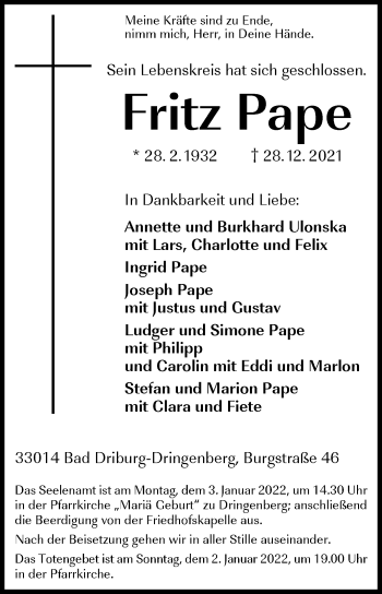 Traueranzeige von Fritz Pape von Westfalen-Blatt