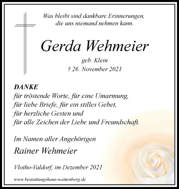 Traueranzeige von Gerda Wehmeier von Westfalen-Blatt