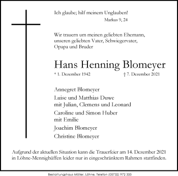 Traueranzeige von Hans Henning Blomeyer von Westfalen-Blatt