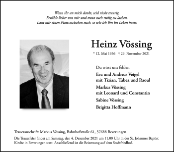 Traueranzeige von Heinz Vössing von Westfalen-Blatt