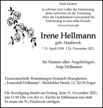 Traueranzeige von Irene Hellmann von Westfalen-Blatt