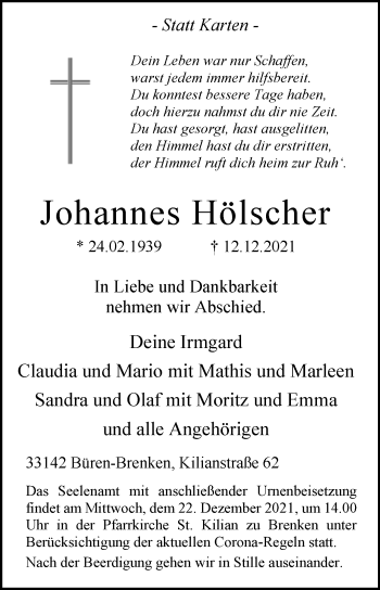 Traueranzeige von Johannes Hölscher von Westfalen-Blatt