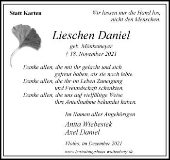 Traueranzeige von Lieschen Daniel von Westfalen-Blatt