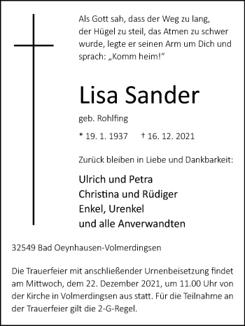 Traueranzeige von Lisa Sander von Westfalen-Blatt