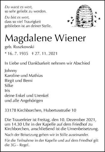 Traueranzeige von Magdalene Wiener von Westfalen-Blatt