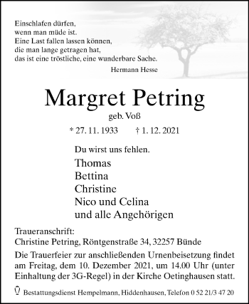 Traueranzeige von Margret Petring von Westfalen-Blatt