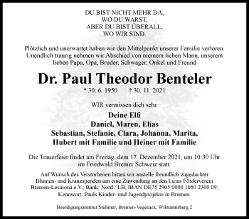 Traueranzeige von Paul Theodor Benteler von Westfalen-Blatt