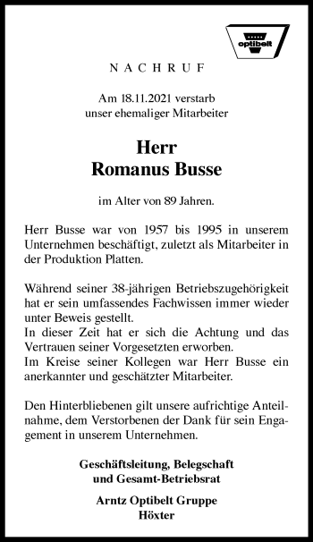 Traueranzeige von Romanus Busse von Westfalen-Blatt