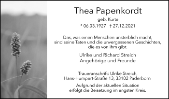 Traueranzeige von Thea Papenkordt von Westfalen-Blatt