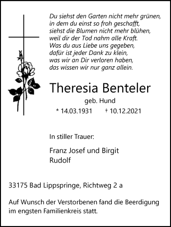 Traueranzeige von Theresia Benteler von Westfalen-Blatt