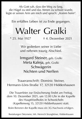 Traueranzeige von Walter Gralki von Westfalen-Blatt