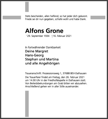 Traueranzeige von Alfons Grone von Westfalen-Blatt