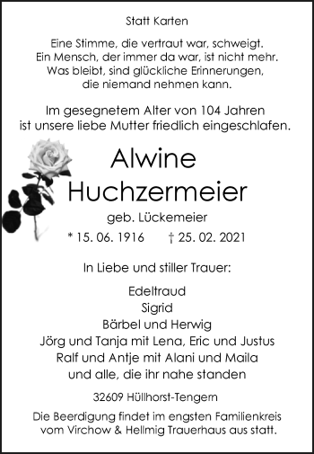 Traueranzeige von Alwine Huchzermeier von Westfalen-Blatt