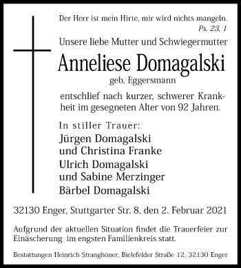 Traueranzeige von Anneliese Domagalski von Westfalen-Blatt