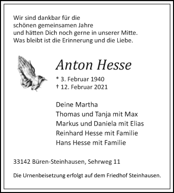 Traueranzeige von Anton Hesse von Westfalen-Blatt