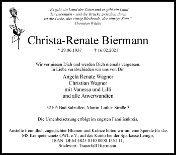 Traueranzeige von Christa-Renate Biermann von Westfalen-Blatt