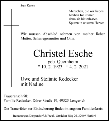 Traueranzeige von Christel Esche von Westfalen-Blatt