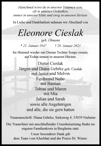 Traueranzeige von Eleonore Cieslak von Westfalen-Blatt