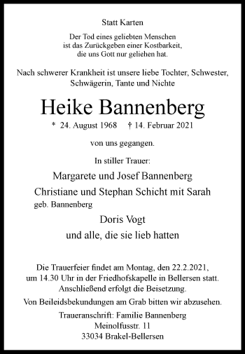 Traueranzeige von Heike Bannenberg von Westfalen-Blatt