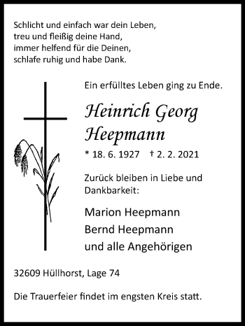 Traueranzeige von Heinrich Georg Heepmann von Westfalen-Blatt