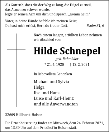 Traueranzeige von Hilde Schnepel von Westfalen-Blatt