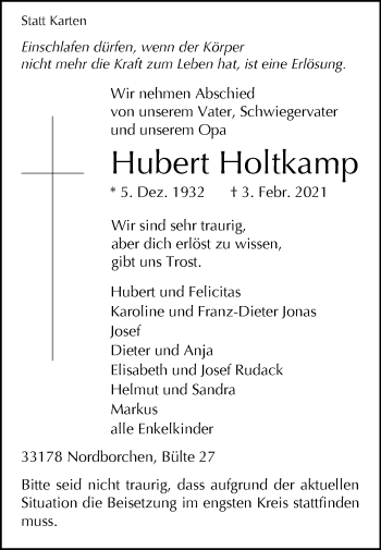 Traueranzeige von Hubert Holtkamp von Westfalen-Blatt