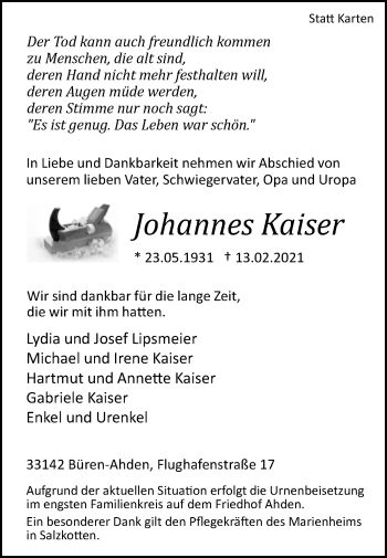 Traueranzeige von Johannes Kaiser von Westfalen-Blatt