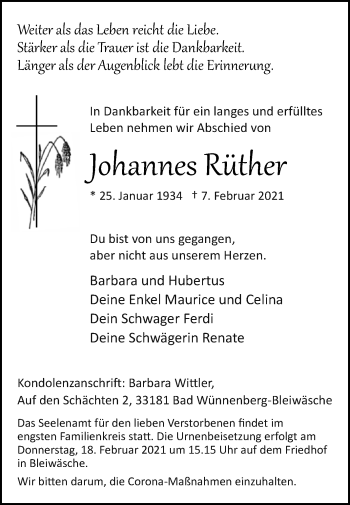 Traueranzeige von Johannes Rüther von Westfalen-Blatt