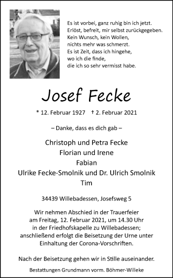 Traueranzeige von Josef Fecke von Westfalen-Blatt