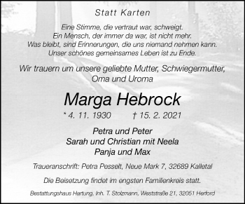 Traueranzeige von Marga Hebrock von Westfalen-Blatt