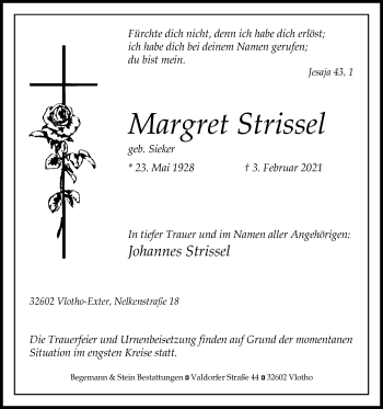 Traueranzeige von Margret Strissel von Westfalen-Blatt