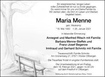 Traueranzeige von Maria Menne von Westfalen-Blatt