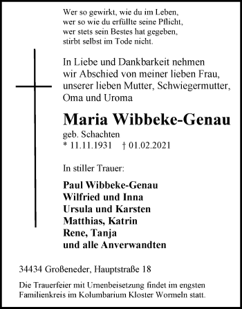 Traueranzeige von Maria Wibbeke-Genau von Westfalen-Blatt