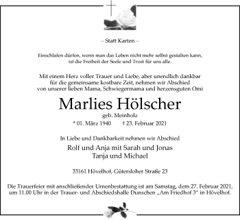 Traueranzeige von Marlies Hölscher von Westfalen-Blatt