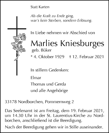 Traueranzeige von Marlies Kniesburges von Westfalen-Blatt