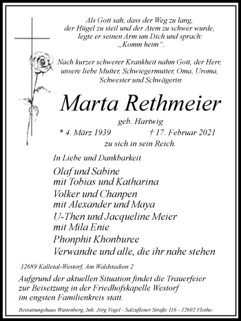 Traueranzeige von Marta Rethmeier von Westfalen-Blatt