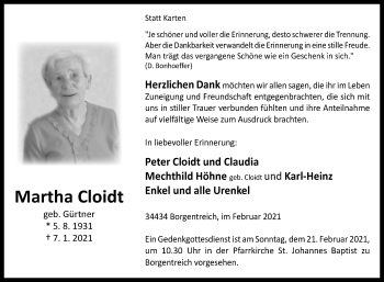 Traueranzeige von Martha Cloidt von Westfalen-Blatt