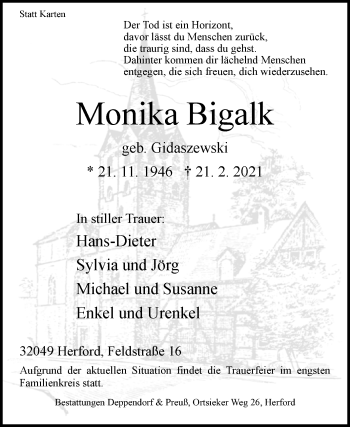 Traueranzeige von Monika Bigalk von Westfalen-Blatt