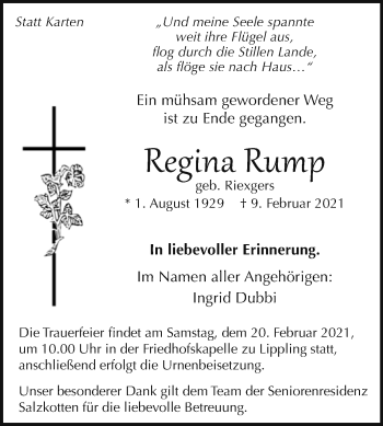 Traueranzeige von Regina Rump von Westfalen-Blatt