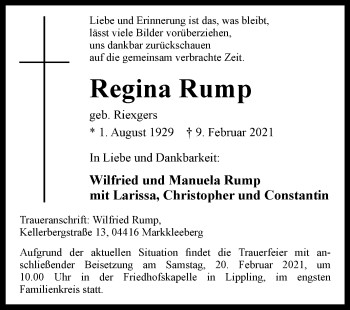 Traueranzeige von Regina Rump von Westfalen-Blatt