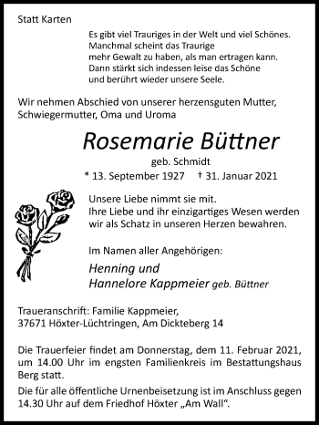 Traueranzeige von Rosemarie Büttner von Westfalen-Blatt